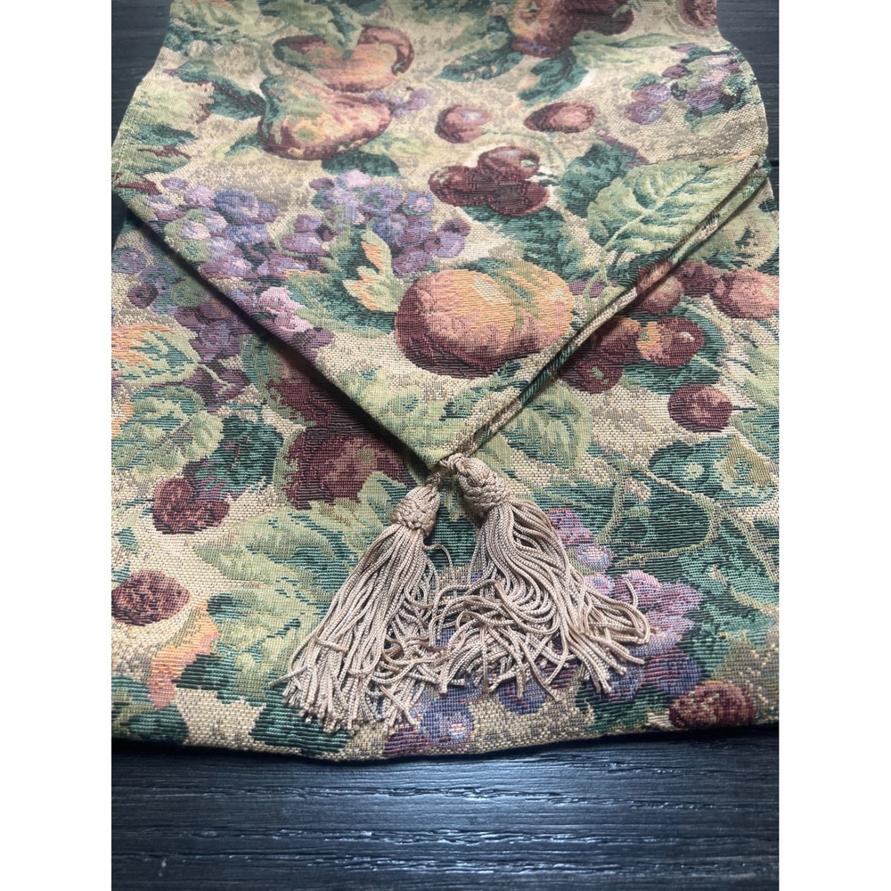 Bess Table Runner Tan  Fruit Harvest Tapestry Tassel 70.5  Cottagecore Farmhouse